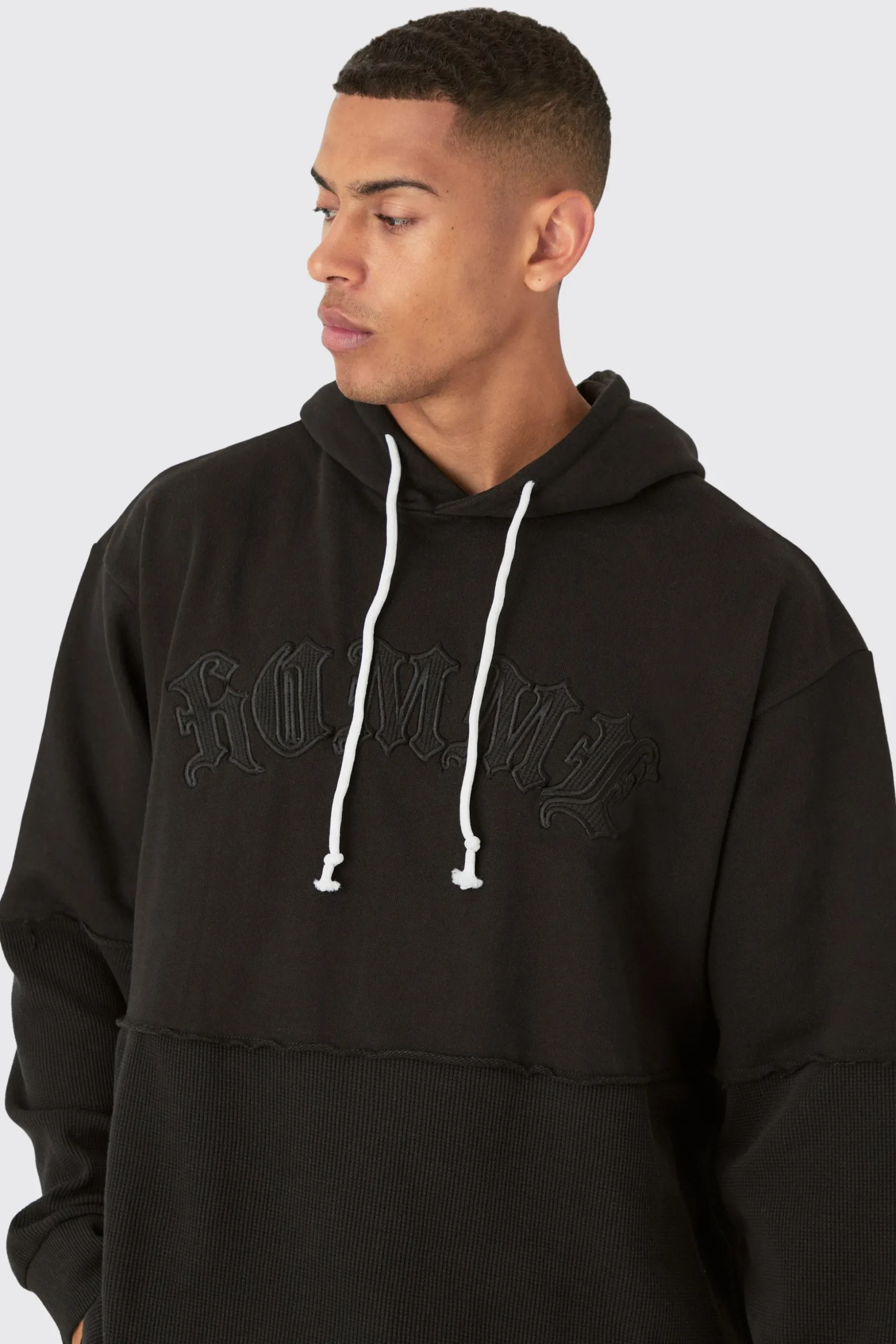 Oversized Waffle Faux Layer Applique Hoodie | BoohooMAN UK