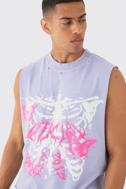 Oversized Wash Boxy Gothic Graffiti Distressed Tank | BoohooMAN UK