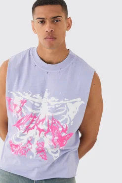 Oversized Wash Boxy Gothic Graffiti Distressed Tank | BoohooMAN UK
