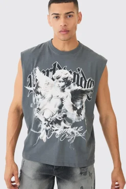 Oversized Wash Boxy Renaissance Worldwide Cherub Tank | BoohooMAN UK