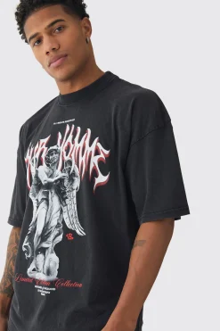 Oversized Wash Gothic Renaissance Print T-Shirt | BoohooMAN UK