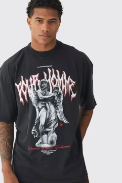 Oversized Wash Gothic Renaissance Print T-Shirt | BoohooMAN UK