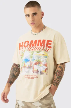Oversized Wash Homme Paradise Print T-shirt | BoohooMAN UK