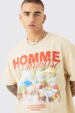 Oversized Wash Homme Paradise Print T-shirt | BoohooMAN UK