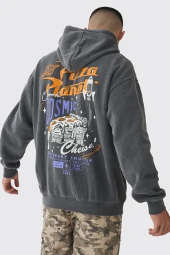 Oversized Wash Pixar Toy Story Pizza Planet License Hoodie | BoohooMAN UK