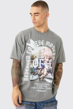 Oversized Wash Renaissance Ofcl Print T-shirt | BoohooMAN UK