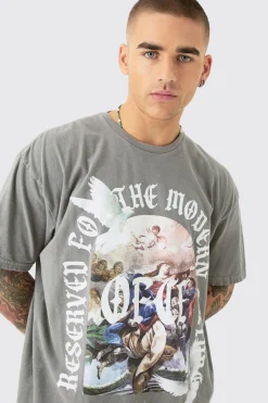 Oversized Wash Renaissance Ofcl Print T-shirt | BoohooMAN UK