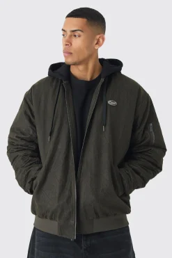 Oversized Washed Crinkle Hooded Bomber In Dark Brown | BoohooMAN UK