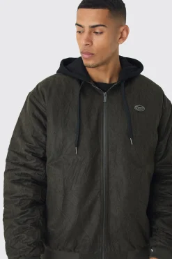 Oversized Washed Crinkle Hooded Bomber In Dark Brown | BoohooMAN UK