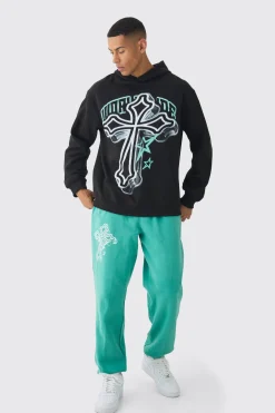 Oversized Washed Cross Print Tracksuit | BoohooMAN UK