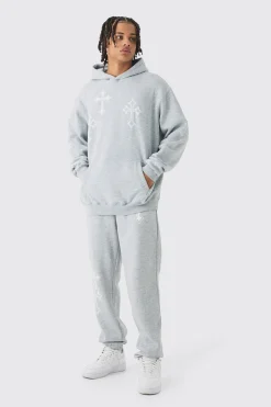 Oversized Washed Cross Print Tracksuit | BoohooMAN UK