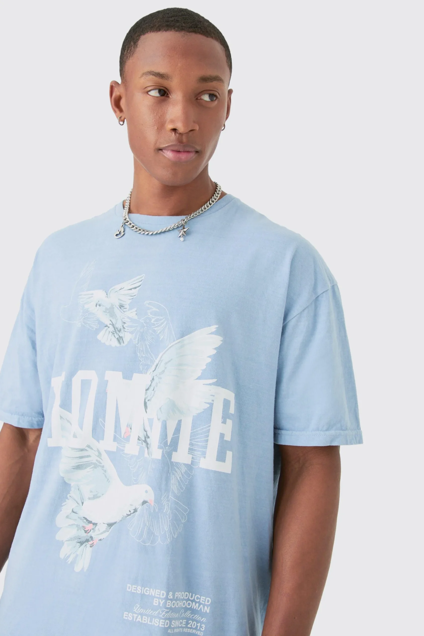 Oversized Washed Dove Print T-shirt | BoohooMAN UK
