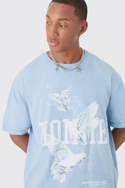 Oversized Washed Dove Print T-shirt | BoohooMAN UK