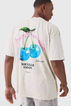 Oversized Washed Extended Neck Cherry Print T-shirt | BoohooMAN UK