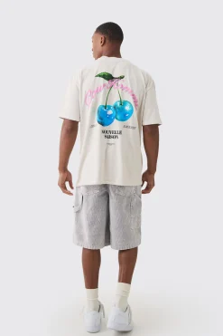 Oversized Washed Extended Neck Cherry Print T-shirt | BoohooMAN UK