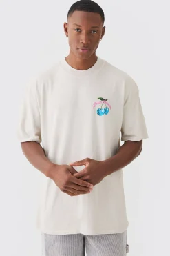 Oversized Washed Extended Neck Cherry Print T-shirt | BoohooMAN UK