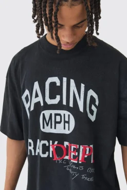 Oversized Washed Extended Neck Heavy Racing T-shirt | BoohooMAN UK