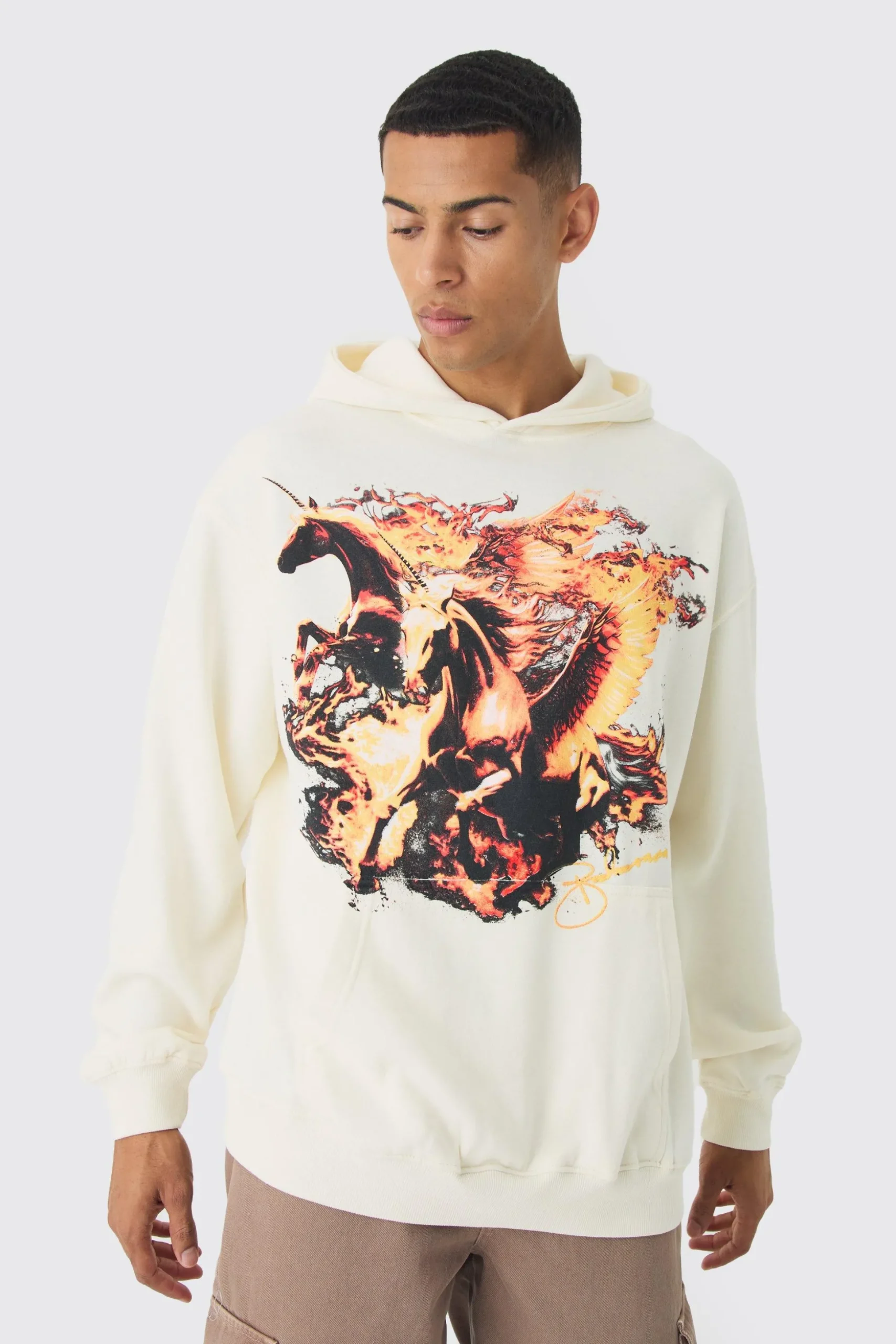 Oversized Washed Flame Horse Print Hoodie | BoohooMAN UK