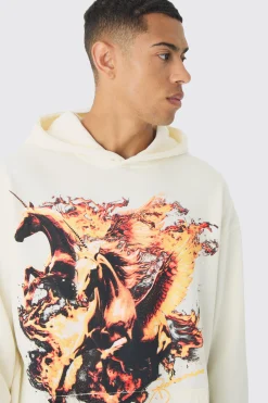 Oversized Washed Flame Horse Print Hoodie | BoohooMAN UK