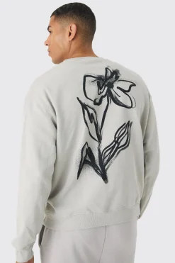 Oversized Washed Floral Line Drawing Back Print Sweatshirt | BoohooMAN UK
