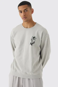 Oversized Washed Floral Line Drawing Back Print Sweatshirt | BoohooMAN UK
