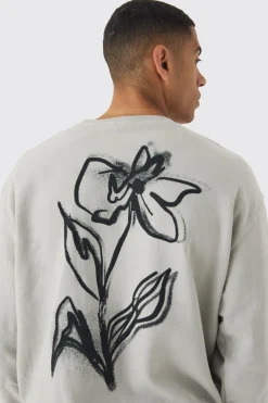 Oversized Washed Floral Line Drawing Back Print Sweatshirt | BoohooMAN UK