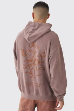 Oversized Washed Floral Line Drawing Printed Hoodie | BoohooMAN UK