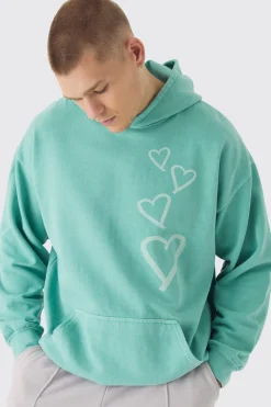Oversized Washed Graffiti Heart Hoodie | BoohooMAN UK