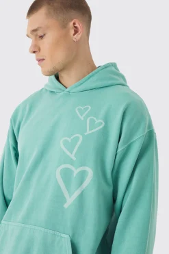 Oversized Washed Graffiti Heart Hoodie | BoohooMAN UK