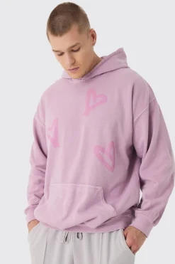 Oversized Washed Graffiti Heart Hoodie | BoohooMAN UK
