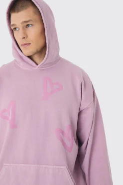 Oversized Washed Graffiti Heart Hoodie | BoohooMAN UK