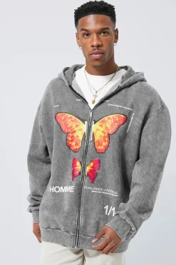 Oversized Washed Graphic Zip Through Hoodie | BoohooMAN UK