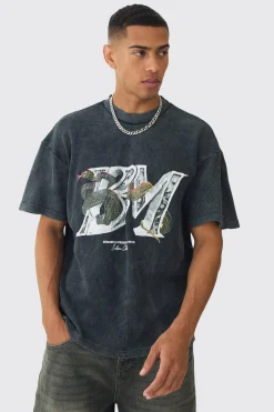 Oversized Washed Graphic BM Heavyweight Waffle T-shirt | BoohooMAN UK