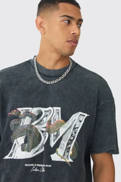 Oversized Washed Graphic BM Heavyweight Waffle T-shirt | BoohooMAN UK