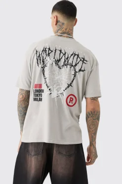 Oversized Washed Heart Web Back Print T-shirt | BoohooMAN UK