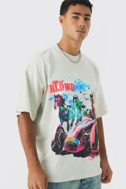 Oversized Washed Heavy Extended Neck Horse Print T-shirt | BoohooMAN UK