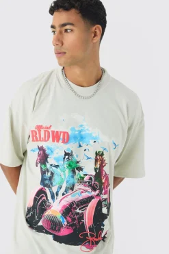 Oversized Washed Heavy Extended Neck Horse Print T-shirt | BoohooMAN UK