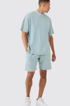 Oversized Washed Heavyweight Waffle T-shirt & Shorts Set | BoohooMAN UK