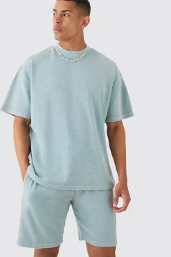 Oversized Washed Heavyweight Waffle T-shirt & Shorts Set | BoohooMAN UK