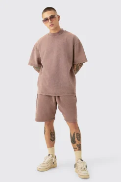 Oversized Washed Heavyweight Waffle T-shirt & Shorts Set | BoohooMAN UK