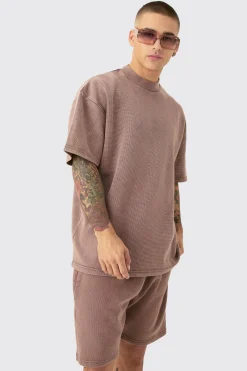 Oversized Washed Heavyweight Waffle T-shirt & Shorts Set | BoohooMAN UK