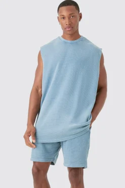 Oversized Washed Heavyweight Waffle Tank & Shorts Set | BoohooMAN UK