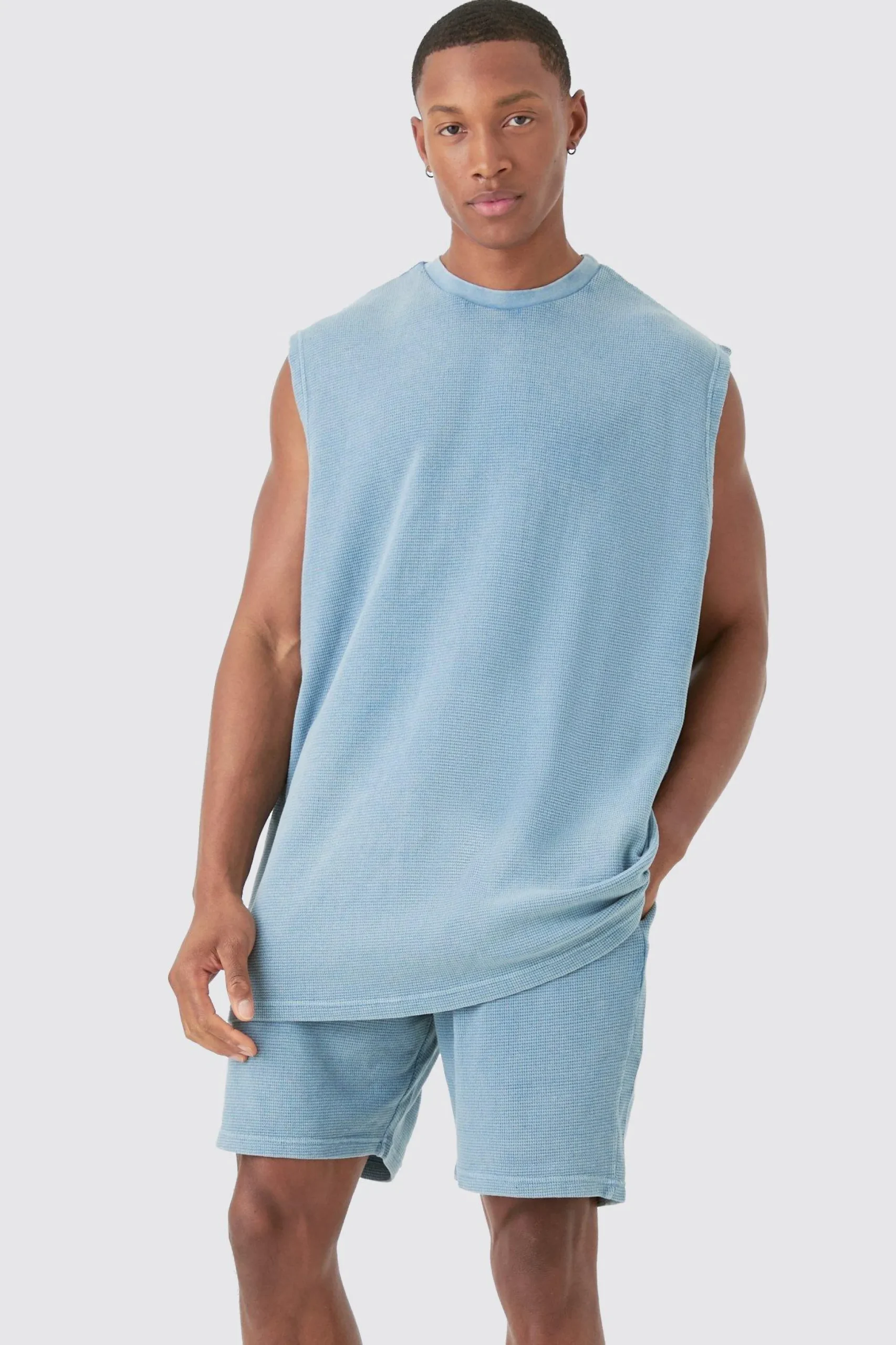 Oversized Washed Heavyweight Waffle Tank & Shorts Set | BoohooMAN UK