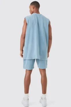 Oversized Washed Heavyweight Waffle Tank & Shorts Set | BoohooMAN UK