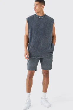 Oversized Washed Heavyweight Waffle Tank & Short Set | BoohooMAN UK