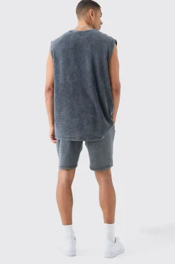 Oversized Washed Heavyweight Waffle Tank & Short Set | BoohooMAN UK