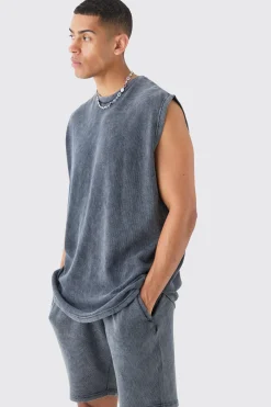 Oversized Washed Heavyweight Waffle Tank & Short Set | BoohooMAN UK