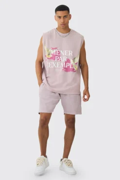 Oversized Washed Heavyweight Waffle Graphic Tank & Short Set | BoohooMAN UK