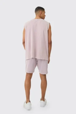 Oversized Washed Heavyweight Waffle Graphic Tank & Short Set | BoohooMAN UK