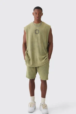 Oversized Washed Heavyweight Waffle Graphic Tank & Short Set | BoohooMAN UK